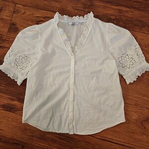 & Other Stories White Cotton Poplin Eyelet Button Up Top Women's 10 Cottage Boho